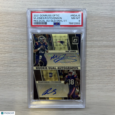 2021 Optic Mac Jones / Rhamondre Stevenson Gold Vinyl Rookie Dual Auto 1/1 PSA 8