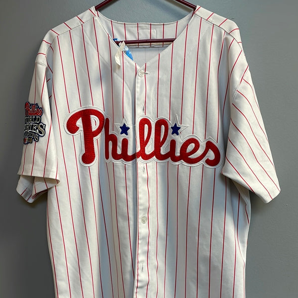 Vintage Phillies Jersey Majestic White Pin Stripe Sewn on 